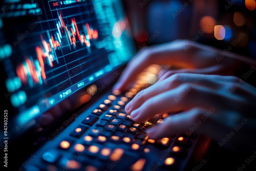 A trader's hands typing rapidly on a keyboard, with stock charts and financial data filling the screen, symbolizing the fast-paced nature of stock market trading A trader's hands typing rapidly on a keyboard, with stock charts and financial data filling the screen, symbolizing the fast-paced nature of stock market trading