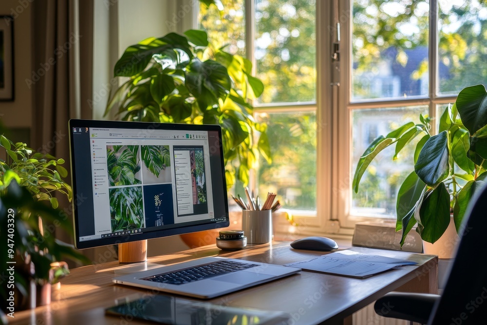 A person video conferencing from a stylish home office, with a tidy desk and greenery in the background, capturing the connection and professionalism of remote work A person video conferencing from a stylish home office, with a tidy desk and greenery in the background, capturing the connection and professionalism of remote work
