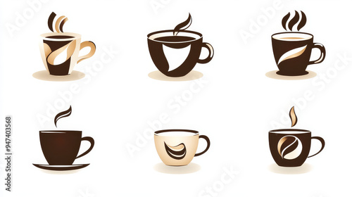 "Symbols of coffee cups and mugs isolated on a white background, perfect for logo design.