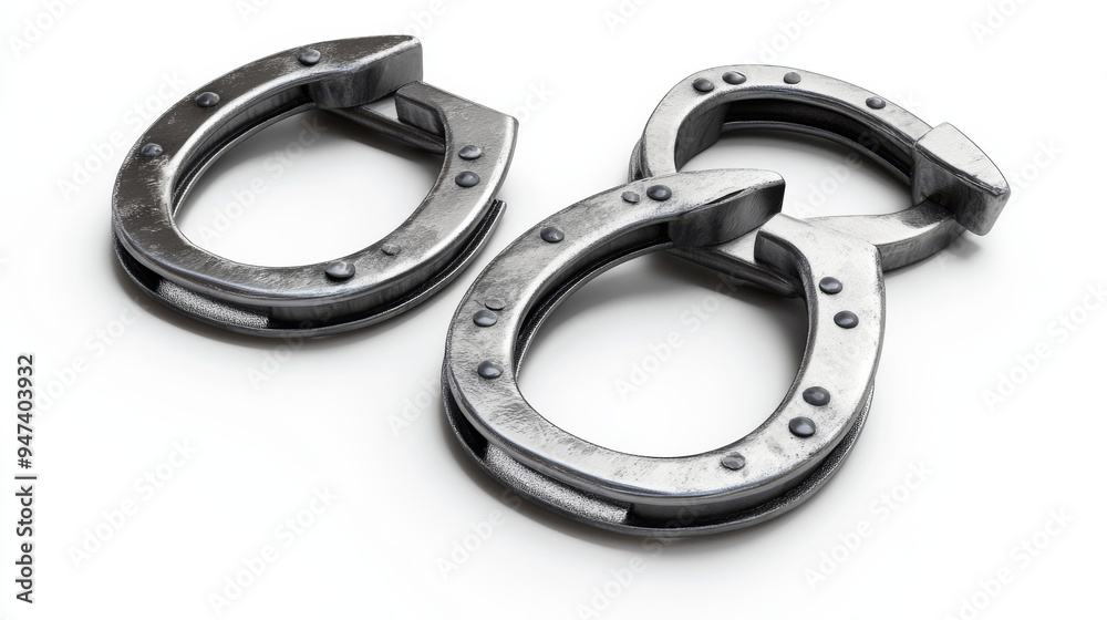 Imagine a set of steel horseshoes isolated on a white background, each horseshoe polished to a gleaming finish, symbolizing luck and fortune. The horseshoes are arranged in various orientations. Imagine a set of steel horseshoes isolated on a white background, each horseshoe polished to a gleaming finish, symbolizing luck and fortune. The horseshoes are arranged in various orientations.