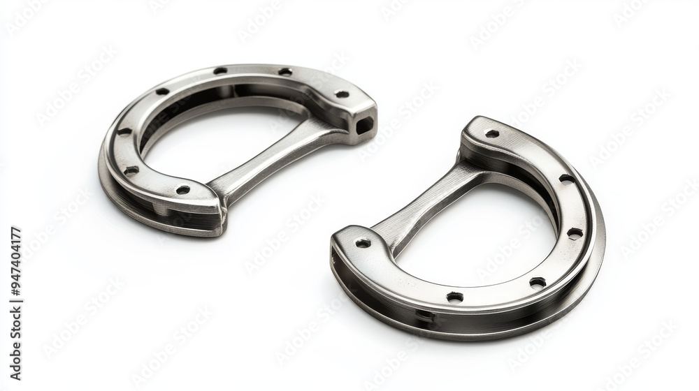 Imagine a set of steel horseshoes isolated on a white background, each horseshoe polished to a gleaming finish, symbolizing luck and fortune. The horseshoes are arranged in various orientations. Imagine a set of steel horseshoes isolated on a white background, each horseshoe polished to a gleaming finish, symbolizing luck and fortune. The horseshoes are arranged in various orientations.