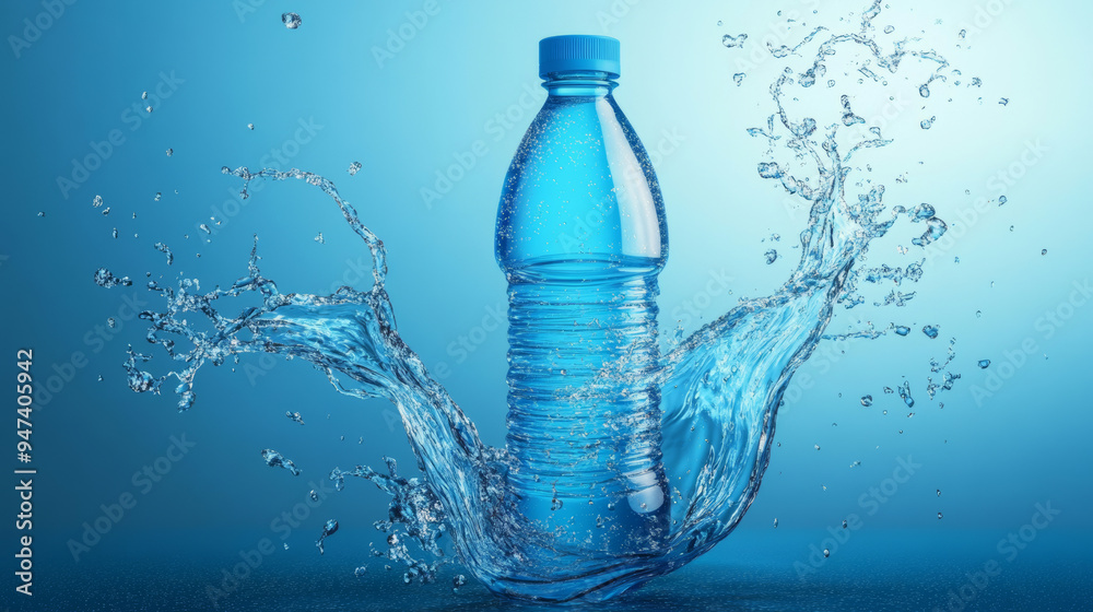 Imagine a sleek, clear plastic bottle of mineral water set against a pristine blue backdrop. The bottle, with its realistic 3D design, stands out prominently, surrounded by a dynamic swirl of crystal. Imagine a sleek, clear plastic bottle of mineral water set against a pristine blue backdrop. The bottle, with its realistic 3D design, stands out prominently, surrounded by a dynamic swirl of crystal.