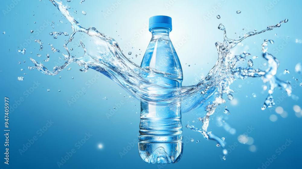 Imagine a sleek, clear plastic bottle of mineral water set against a pristine blue backdrop. The bottle, with its realistic 3D design, stands out prominently, surrounded by a dynamic swirl of crystal. Imagine a sleek, clear plastic bottle of mineral water set against a pristine blue backdrop. The bottle, with its realistic 3D design, stands out prominently, surrounded by a dynamic swirl of crystal.
