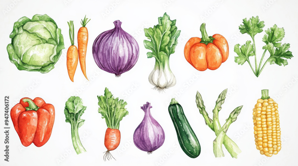 Hand-painted watercolor vegetables collection, featuring vibrant illustrations of tomatoes and carrots, bell peppers, cabbages, onions, radishes, and broccoli. Includes fresh green onions, cucumbers. Hand-painted watercolor vegetables collection, featuring vibrant illustrations of tomatoes and carrots, bell peppers, cabbages, onions, radishes, and broccoli. Includes fresh green onions, cucumbers.