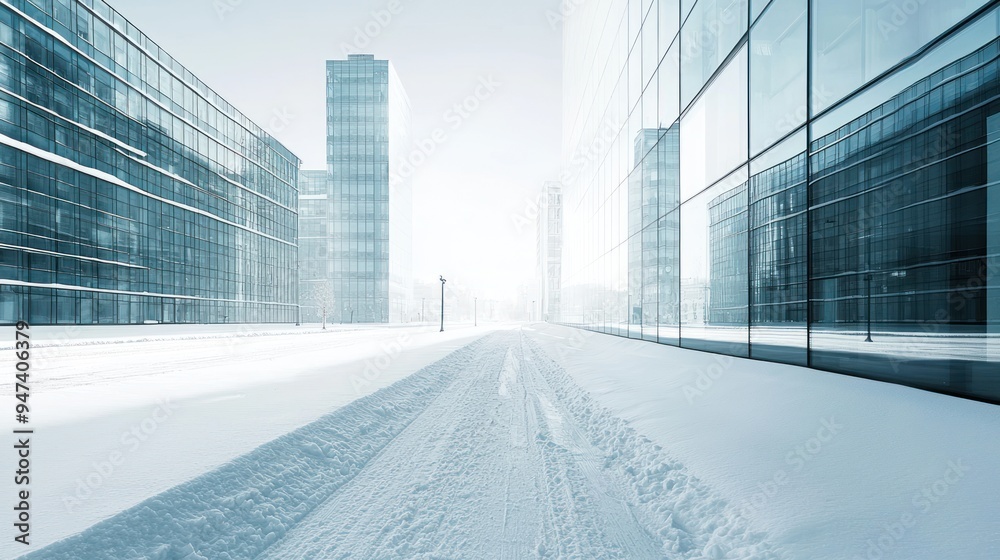 A Snowy Path Between Modern Glass Buildings