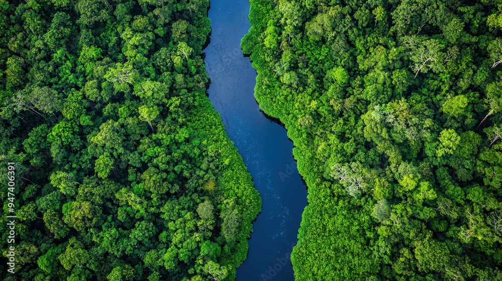 Naklejka premium Aerial View of Lush Rainforest and Winding River
