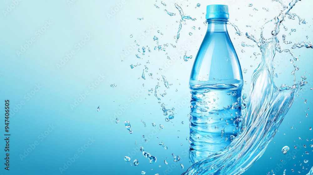 Imagine a sleek, clear plastic bottle of mineral water set against a pristine blue backdrop. The bottle, with its realistic 3D design, stands out prominently, surrounded by a dynamic swirl of crystal. Imagine a sleek, clear plastic bottle of mineral water set against a pristine blue backdrop. The bottle, with its realistic 3D design, stands out prominently, surrounded by a dynamic swirl of crystal.