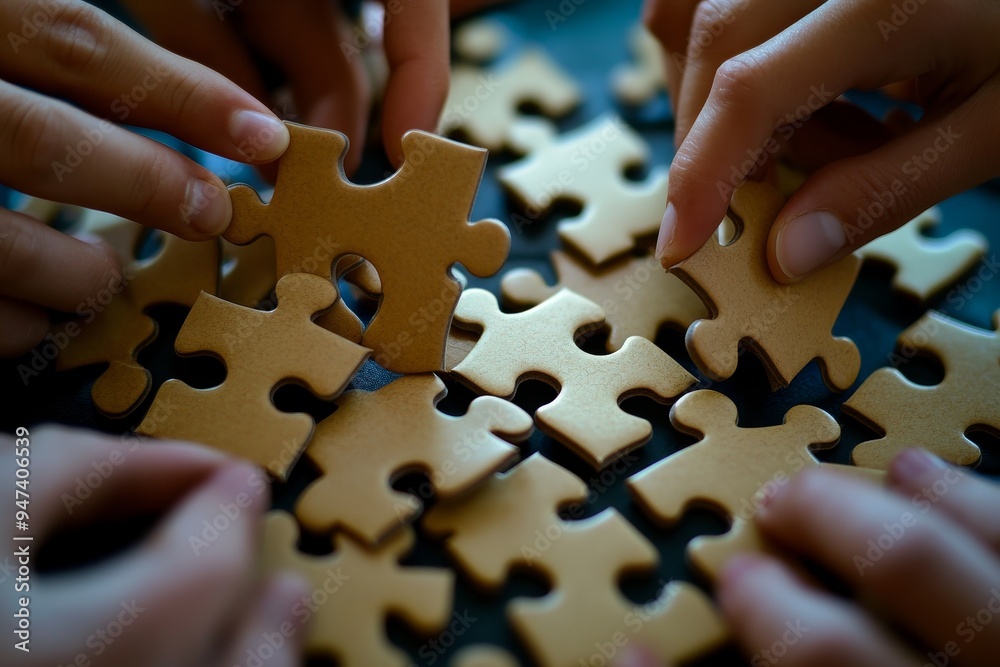A close-up of puzzle pieces being placed together by multiple hands, symbolizing the way each individual's contribution is essential to completing the bigger picture in t A close-up of puzzle pieces being placed together by multiple hands, symbolizing the way each individual's contribution is essential to completing the bigger picture in t