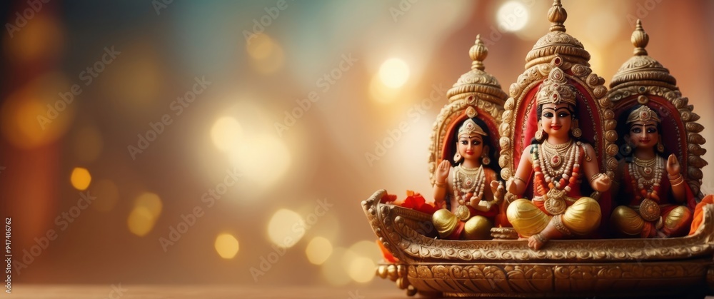 Obraz premium Three Hindu Deities in Ornate Golden Boat with Festive Lights