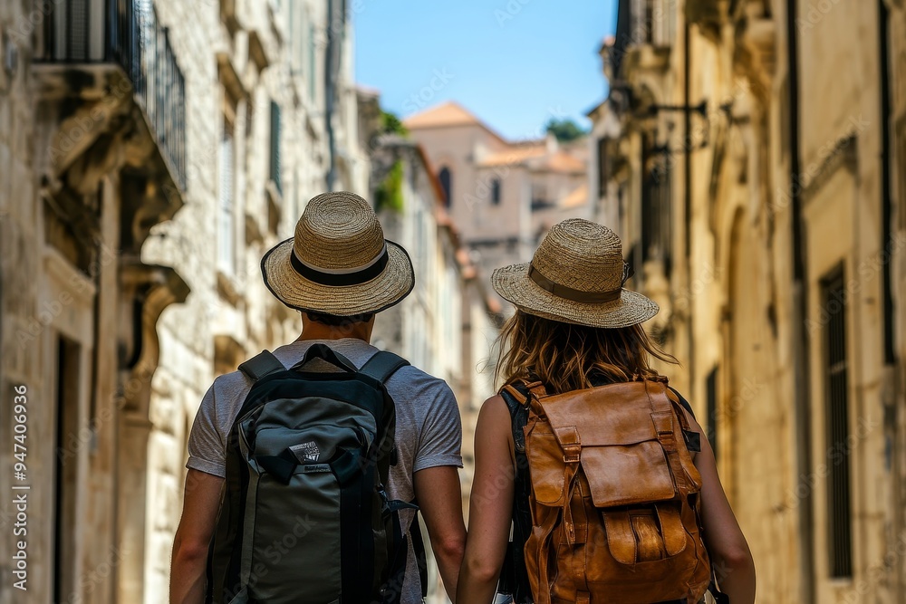 A couple on a guided tour through a historic city, with their vacation package itinerary in hand, symbolizing the cultural and educational experiences offered by curated A couple on a guided tour through a historic city, with their vacation package itinerary in hand, symbolizing the cultural and educational experiences offered by curated
