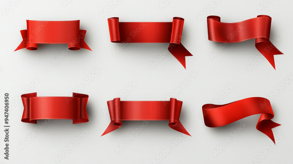 Imagine a set of sleek, vibrant red banners, ribbons, or labels designed for online promotions. These 3D icons feature a realistic silk texture, with a rich scarlet color that captures attention. Imagine a set of sleek, vibrant red banners, ribbons, or labels designed for online promotions. These 3D icons feature a realistic silk texture, with a rich scarlet color that captures attention.