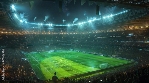 Large Stadium with Bright Lights and Green Grass, Full of Cheering Fans at Night – Generative AI