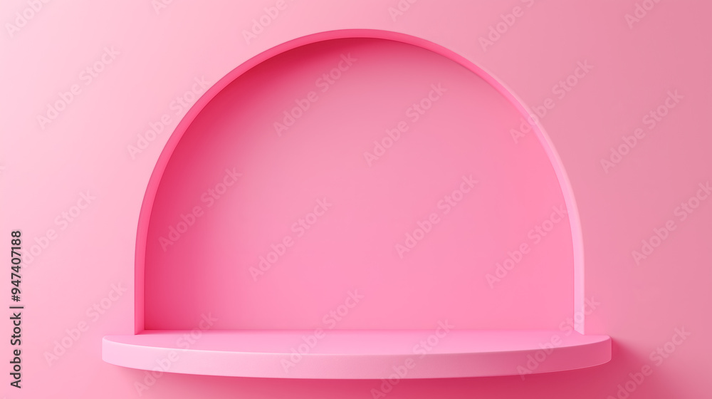 Minimalist pink shelf with circular cutout background Minimalist pink shelf with circular cutout background