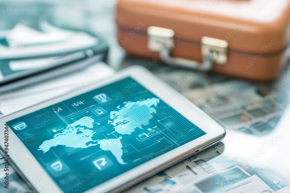 A digital travel insurance policy displayed on a tablet, with travel documents and a suitcase in the background, symbolizing the ease of managing travel coverage through A digital travel insurance policy displayed on a tablet, with travel documents and a suitcase in the background, symbolizing the ease of managing travel coverage through