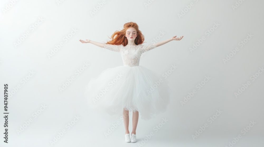 Enigmatic Redhead Young Woman in Ghost-Themed Dress Embracing Misty White Mystery, Generate Ai Enigmatic Redhead Young Woman in Ghost-Themed Dress Embracing Misty White Mystery, Generate Ai