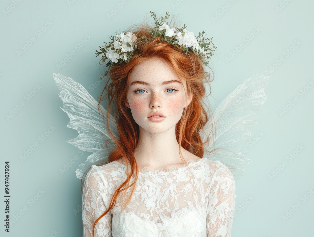 Enchanting Redhead Woman in Fairy Costume with Wings on Light Blue Background, Generate Ai