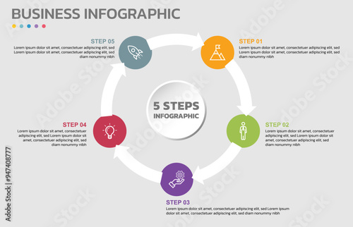 Visual data presentation. Cycle diagram with 5 options. Pie Chart Circle infographic template with 5 steps, options, parts, segments. Business concept. Marketing infographic vector illustration.