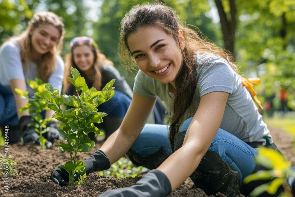 A group of volunteers working together to plant trees in a park, with smiles and teamwork evident, capturing the spirit of collaboration in making a positive impact on th