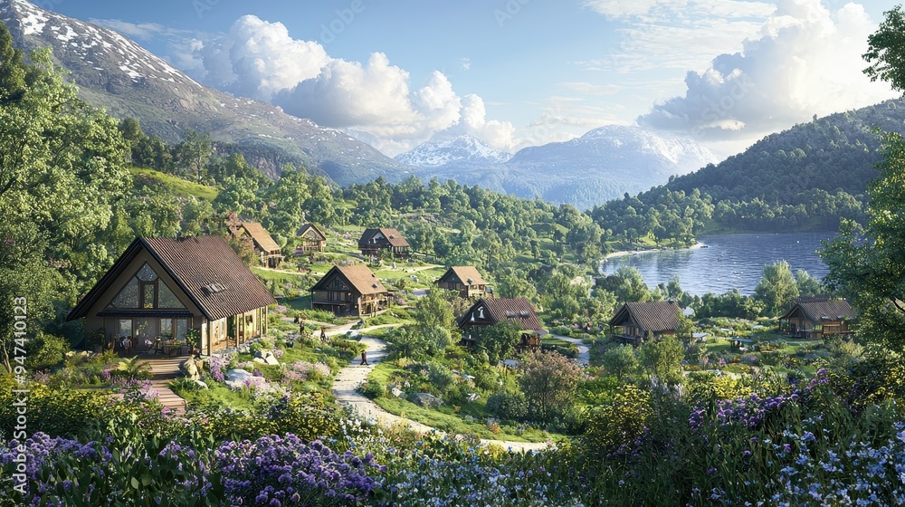Idyllic Mountain Village with Lake and Lush Greenery Idyllic Mountain Village with Lake and Lush Greenery