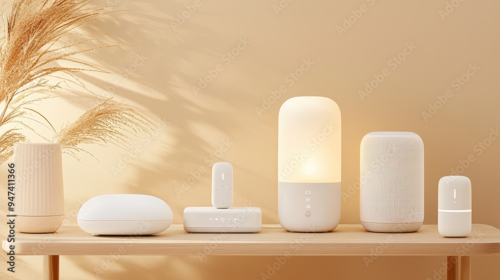 Modern Home Smart Devices on Wooden Table with Dried Pampas Grass Modern Home Smart Devices on Wooden Table with Dried Pampas Grass