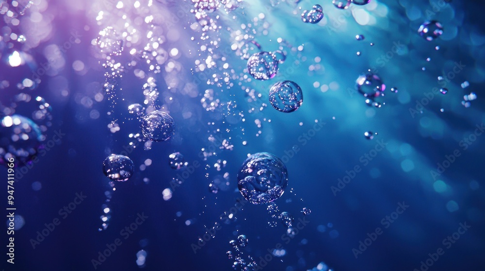 Air Bubbles Floating in Water with Blue and Purple Lighting