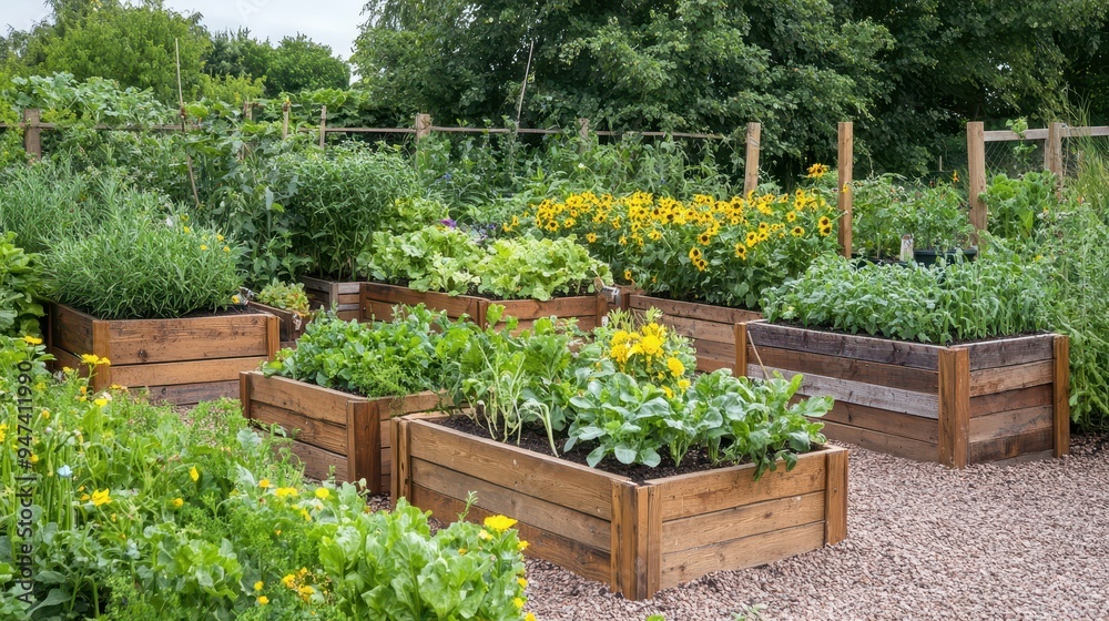 Raised Garden Beds with Green Vegetables and Yellow Flowers Raised Garden Beds with Green Vegetables and Yellow Flowers