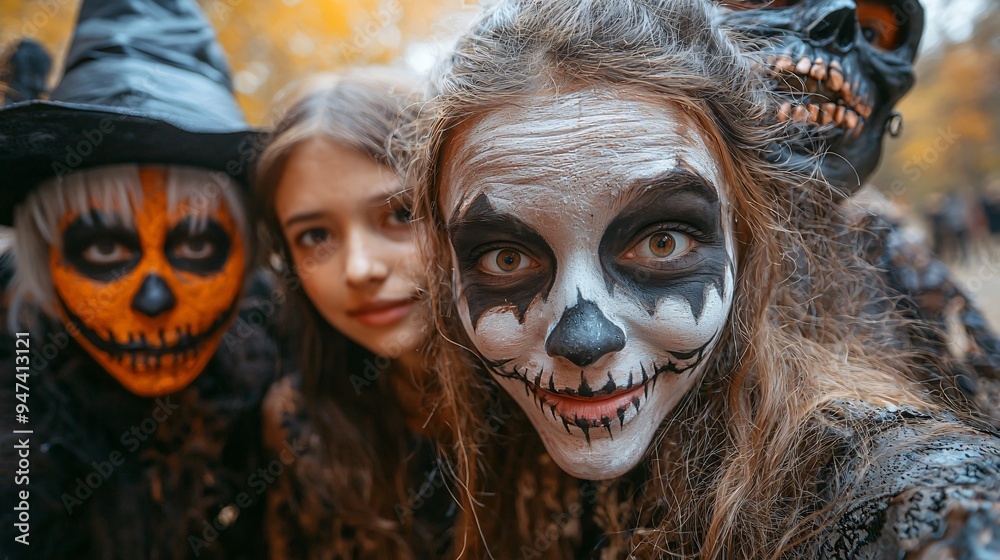 A vibrant Halloween group selfie capturing people in creative costumes and makeup, perfect for Halloween parties, events, or themed promotions with copy space. A vibrant Halloween group selfie capturing people in creative costumes and makeup, perfect for Halloween parties, events, or themed promotions with copy space.