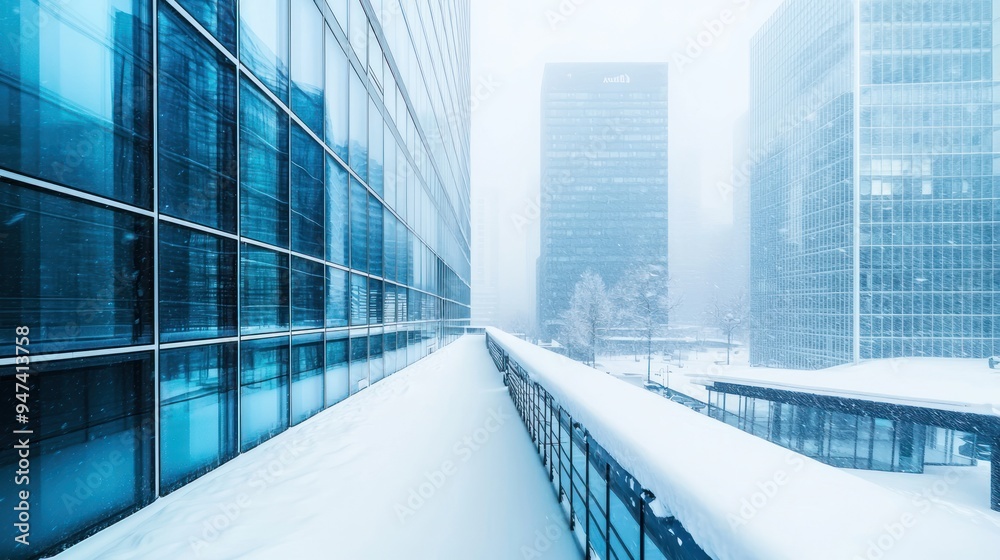 Fototapeta premium Snow-Covered Rooftop of a Modern Glass Building
