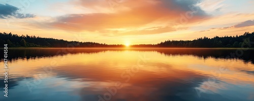 Reflective clouds on a still lake, streaks of sunlight on water, serene landscape, photorealistic, golden hour lighting