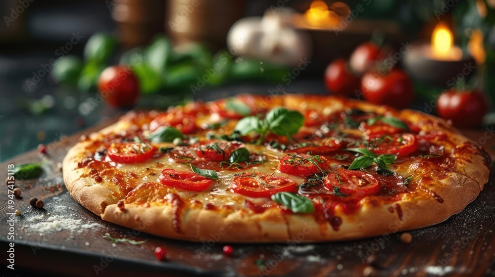 Smoke flavored pizza topped with basil, pepperoni, and cheese. Smoke flavored pizza topped with basil, pepperoni, and cheese.