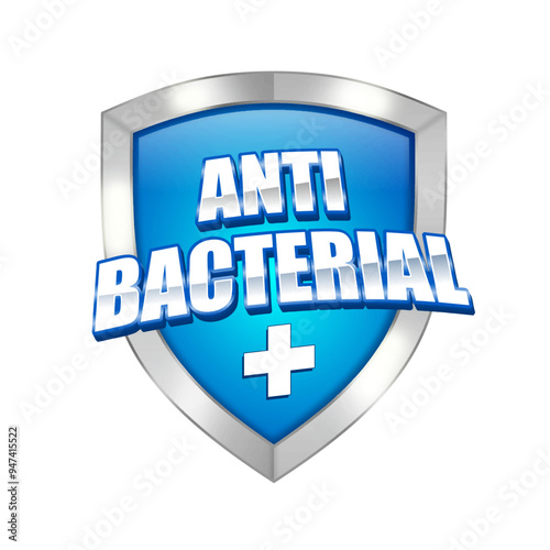 Anti bacterial blue Clear Crystal Glass Shield. Antibacterial, virus and germ protection symbols accompanying hygiene advertisements.