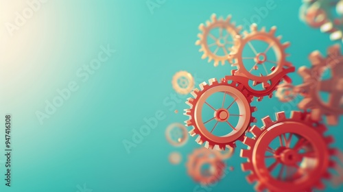 An abstract illustration of economic advancement and expansion, with a series of intertwined gears turning against a gradient background. The composition allows for substantial customization of text