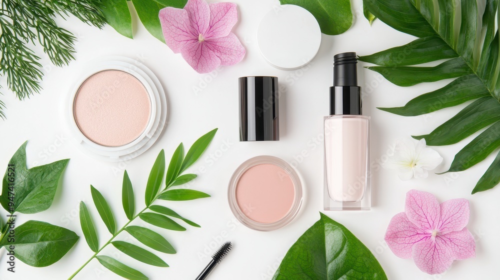 Natural Beauty Makeup Products with Green Leaves and Flowers Natural Beauty Makeup Products with Green Leaves and Flowers
