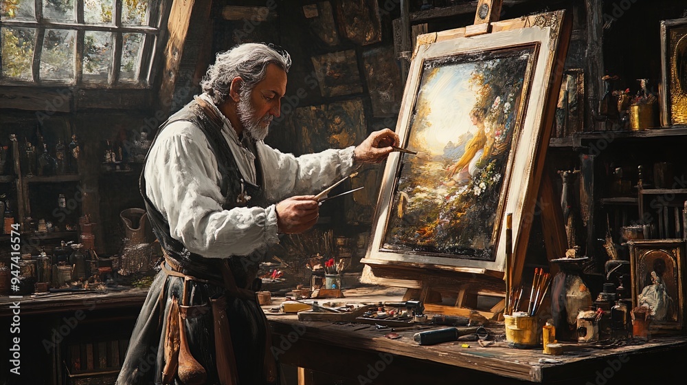An elderly male artist, dressed in traditional attire, is meticulously working on an oil painting in a well-lit studio. The room has a rustic charm, with wooden beams and an assortment of art supplies An elderly male artist, dressed in traditional attire, is meticulously working on an oil painting in a well-lit studio. The room has a rustic charm, with wooden beams and an assortment of art supplies