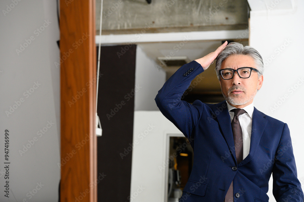鏡を見て身だしなみを整える男性 鏡を見て身だしなみを整える男性