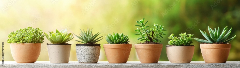 A row of vibrant, green succulents in terracotta pots against a soft, blurred background, showcasing natural beauty and tranquility. A row of vibrant, green succulents in terracotta pots against a soft, blurred background, showcasing natural beauty and tranquility.