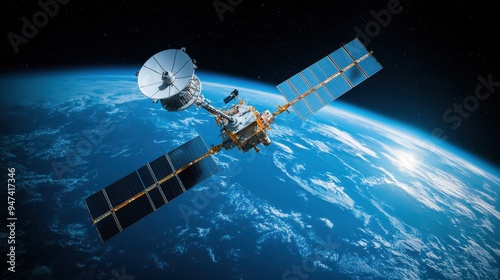 Satellite in Earth Orbit with Solar Panels and Antenna photo