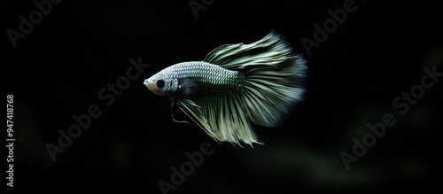 Betta fish swimming in aquarium, green fish, dark black background, Ai generated Images photo