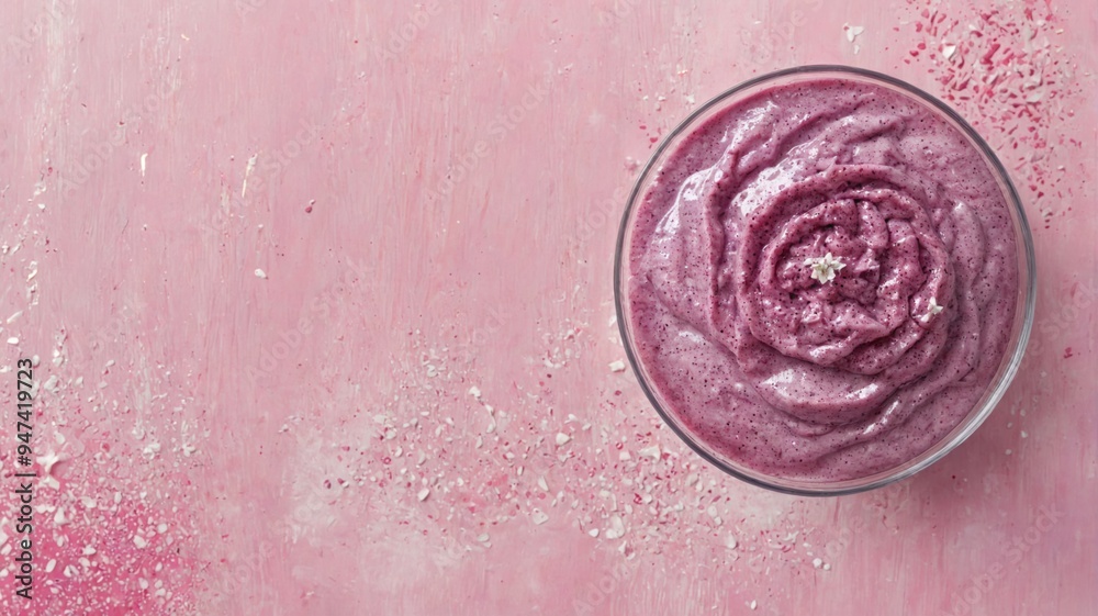 Top view glass bowl filled purple-colored smoothie smoothie Crea Top view glass bowl filled purple-colored smoothie smoothie Crea