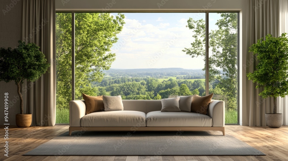 Fototapeta premium Contemporary living room design featuring a sofa and a view of a summer landscape through a window 3D rendering
