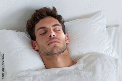 A peaceful young man sleeping soundly in a comfortable bed, showcasing relaxation and tranquility.