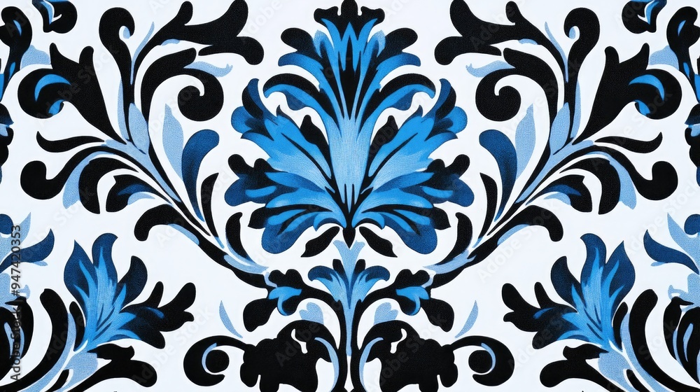 Fototapeta premium Blue and black decorative pattern set against a white backdrop