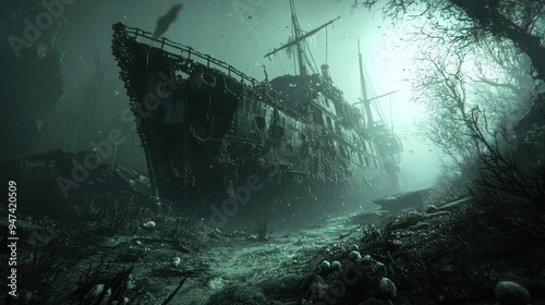 A Ghostly Ship Wrecked in a Foggy Forest