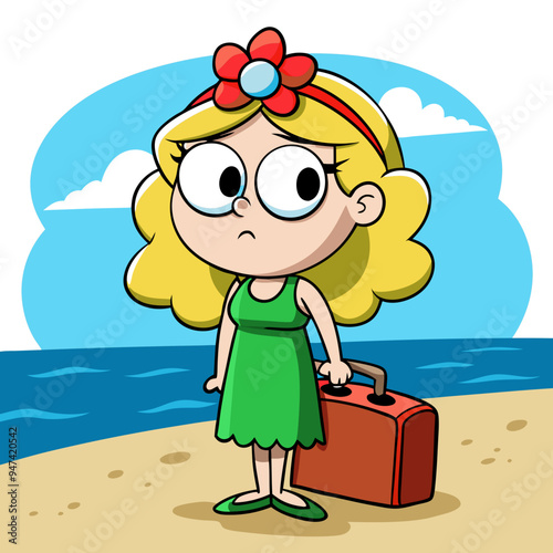 a cartoon illustration of a girl standing on a beach. She has big, expressive eyes and a slightly worried or confused expression. The girl has blonde hair and is wearing a green dress with matching 