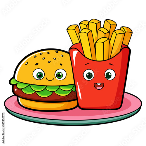 a cartoon illustration of a hamburger and a box of French fries on a plate. The hamburger has a smiling face with big eyes, and it is made up of a bun with sesame seeds, lettuce, and a patty