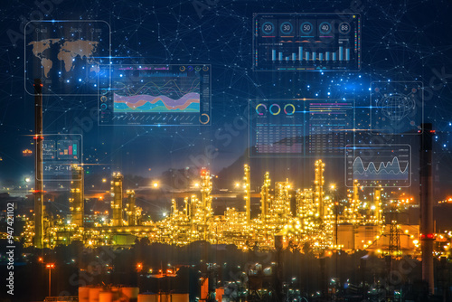 
Landscape view of oil and chemical refinery plant with futuristic  dashboard featuring a digital interface with holographic displays and advanced controls.