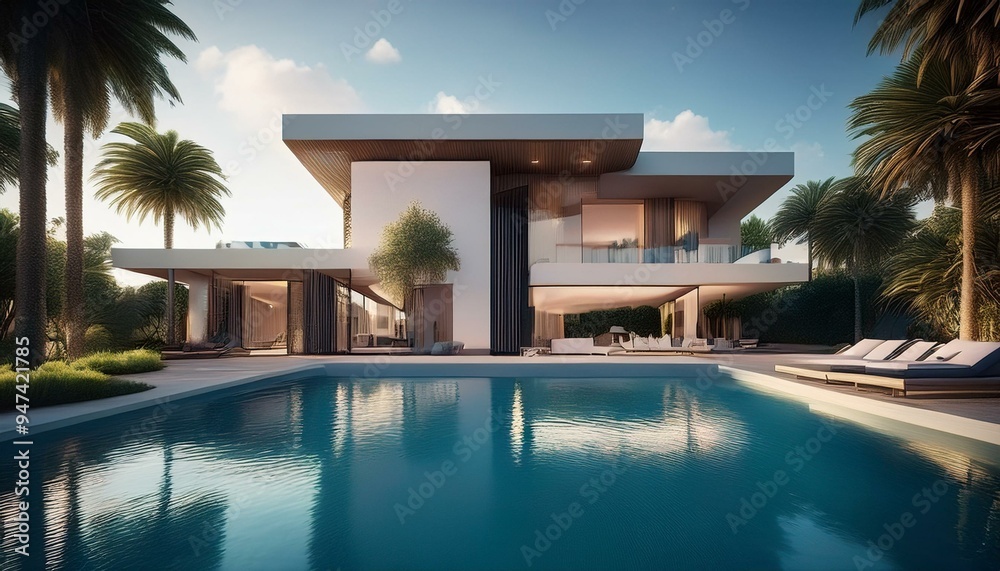Fototapeta premium Exterior of amazing modern minimalist cubic villa with large swimming pool among palm trees. Created with generative Ai