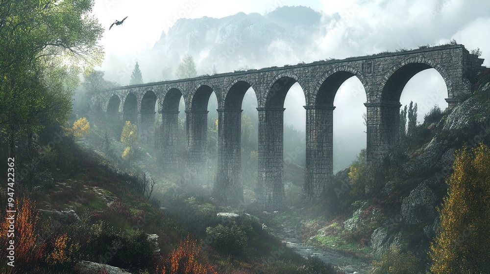 The image portrays a majestic stone aqueduct arching across a misty ...
