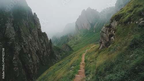 Misty Mountain Path  Hiking Trail  Mountain Range  Steep Slopes  Green Valley  Foggy Landscape