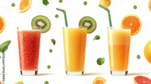 Fresh Fruit Juices in Glasses with Floating Fruit and Mint Leaves